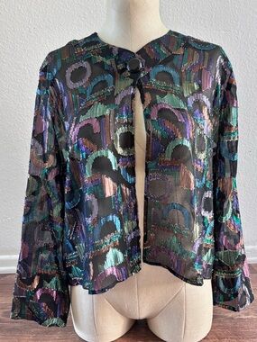 80s VTG A.C. Sport Multicolor Retro Short/Cropped Metallic Sheer Jacket Blouse